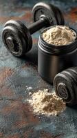 Protein powder and dumbbell on textured surface for fitness enthusiasts and nutrition seekers in a home gym setting photo