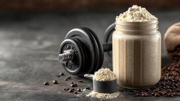 Protein powder and weights on a dark surface with coffee beans in a fitness setting photo
