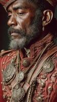 Historical representation of a regal figure dressed in ornate red garments with detailed embellishments and accessories photo