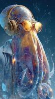 Creative octopus wearing glasses and headphones, showcasing a blend of colors and underwater elements in a whimsical environment photo