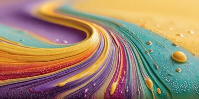 Colorful abstract swirl with vibrant hues and droplets on smooth surface in bright light photo