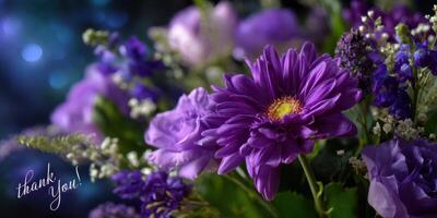 Flowers in vibrant shades of purple convey gratitude in a warm indoor setting with a soft blue backdrop and gentle lighting photo