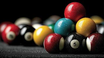 Colorful pool balls arranged in a triangle on a damp table ready for a game at a local bar during the evening hours photo