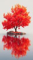 Vibrant red tree stands proudly on a small island amidst still water at dawn photo