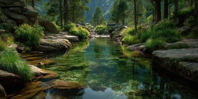 Serene mountain stream flows through lush green landscape on a clear sunny day photo