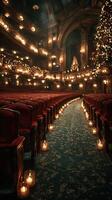 Grand theater adorned with warm lights and candles creates a cozy atmosphere for evening performances photo