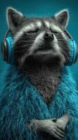 Raccoon wearing headphones dressed in a fluffy blue shawl enjoys music in a vibrant setting photo