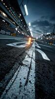 Racing at twilight on a vibrant speedway with stadium lights illuminating the asphalt photo