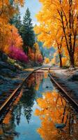 Vibrant autumn colors reflecting on tranquil water along a scenic railway path surrounded by trees in a serene forest setting photo