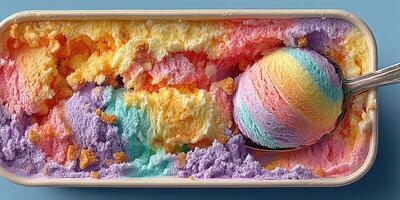 Colorful ice cream served in a large tub with a metal scoop resting on the vibrant layers in a well-lit kitchen setting photo