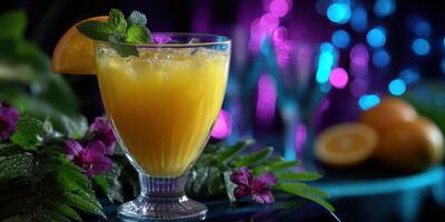 Refreshing tropical drink garnished with mint and orange slice amid festive decorations photo
