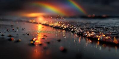 Colorful rainbow arches over shimmering waves and golden sunset reflecting on the wet beach during twilight photo