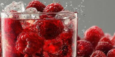 Fresh raspberries and ice create a vibrant drink in a transparent glass with water splashes photo