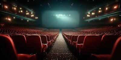 Rows of empty red theater seats in a dimly lit auditorium during a performance intermission photo