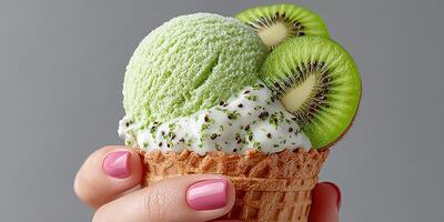 Refreshing green tea ice cream served in a waffle cone with fresh kiwi slices on a gray backdrop photo