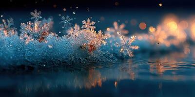 Snowflakes gently fall on a serene landscape reflecting soft winter light at dusk in a tranquil setting photo