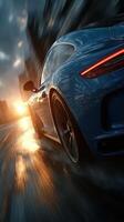 Fast car racing through the urban city streets at sunset with reflections on wet pavement photo