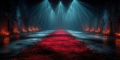 Mysterious underground venue illuminated with dramatic lighting and a red pathway covered in petals photo