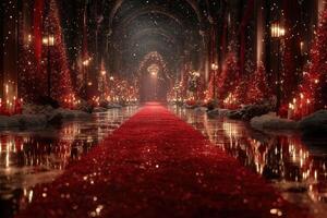 Elegant red-carpet walkway adorned with Christmas trees and candles during a festive winter evening photo