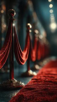 Elegant red carpet entrance lined with velvet ropes at a high-profile event in an upscale venue photo