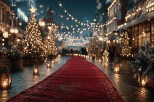 Festive red carpet path lined with lanterns and Christmas trees under twinkling lights in a winter market at night photo