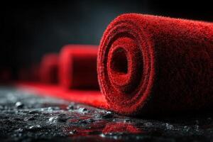 Red carpet rolls lined up in a smooth, elegant arrangement during a refined event at night photo