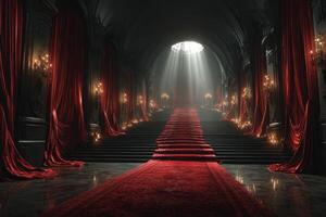 Elegant staircase adorned with red drapery and candles in a grand dimly lit hall photo
