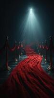 Red carpet leading to a spotlight in a dark setting creates a dramatic atmosphere for a special event or premiere photo