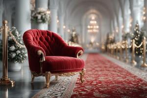Elegant red vintage chair in a grand hall decorated for a festive occasion with soft lighting and luxurious details photo