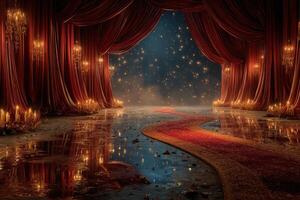 Elegant red curtain stage setting with shimmering lights and reflections during a nighttime performance photo