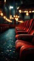 Elegant red theater seats arranged in an ornate venue with soft lighting creating a warm atmosphere photo