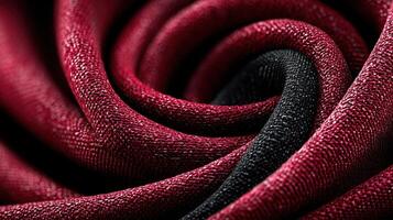 Close-up of richly textured fabric in deep red and black spiral pattern showcasing intricate weave and color depth photo