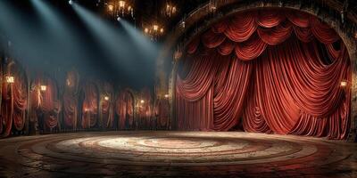 Elegant theater stage with rich red curtains and soft lighting ready for a captivating performance photo