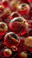Colorful bubbles and particles suspended in liquid create an intriguing abstract pattern photo