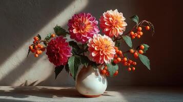 Colorful flower arrangement with dahlias and berries in a ceramic vase on a sunny table photo