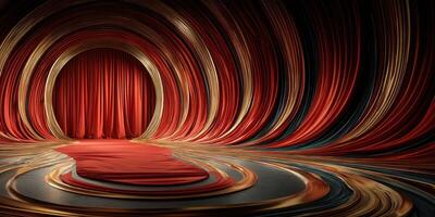 Stunning stage design featuring flowing red curtains and swirling patterns for theatrical performances or events photo