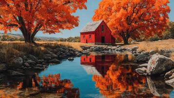 Bright autumn colors surround a red cabin near a tranquil stream in a picturesque landscape setting photo