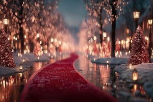 Magical winter pathway lined with trees and lights leading to a festive atmosphere at dusk photo