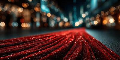 Bright red carpet leading into a vibrant city setting at night with beautiful bokeh lights enhancing the atmosphere photo