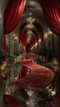Elegant hallway with red curtains and chandeliers reflecting in water photo