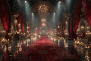 Luxurious ballroom with chandeliers and elegant decor captures the essence of a grand celebration after sunset photo