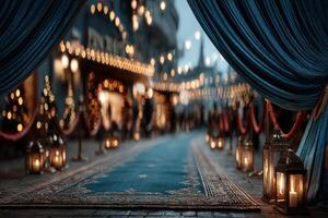 Evening stroll on a beautifully lit pathway adorned with decorative lanterns and curtains during a festive celebration photo