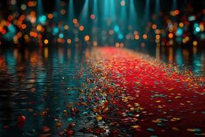 Colorful confetti covers a red carpet leading to a bright celebration venue at night photo