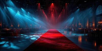 Elegant runway setup with dramatic lighting in an event space for a fashion show at night photo