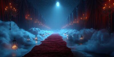 Ethereal pathway illuminated by chandeliers under a full moon surrounded by mist in a grand hall photo