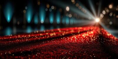 Glamorous red carpet leading to bright lights in a festive setting during an evening event photo