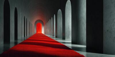 Red carpet leading to a glowing archway in a dimly lit corridor with arched doorways photo