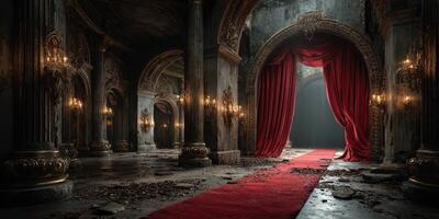 Elegant yet abandoned grand hall with crimson drapes and ornate architecture creating a haunting atmosphere photo
