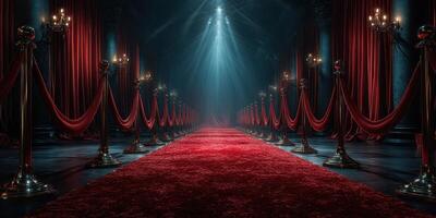 Elegant red carpet entrance illuminated by spotlights in a grand, dark venue with velvet drapes and antique chandeliers photo