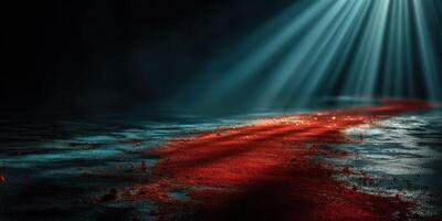 Mystical light illuminating a dark pathway with a vibrant red trail on the ground photo